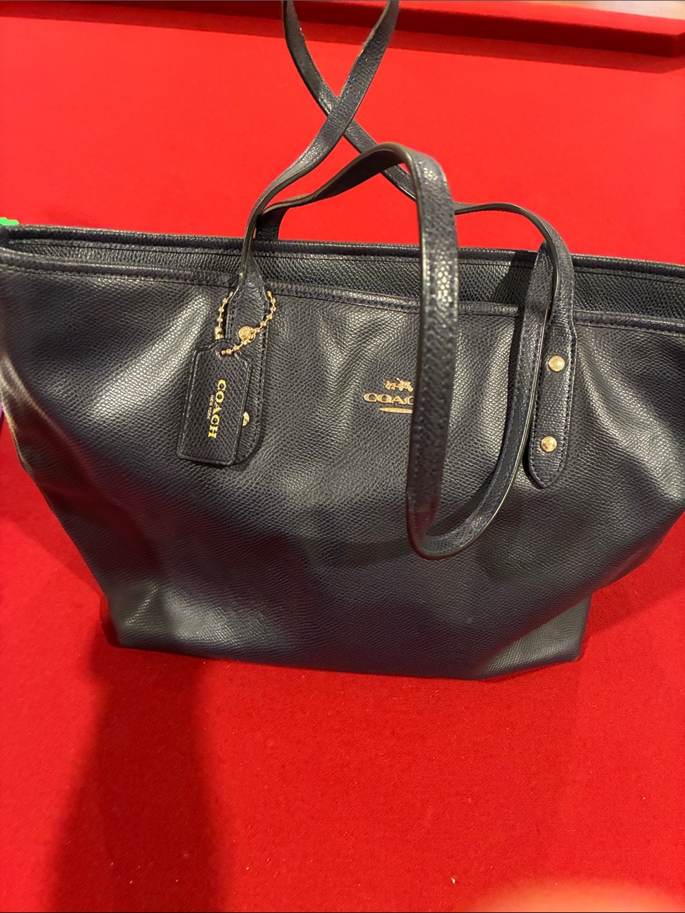 Coach Navy Pebbled Leather Tote with Gold Hardware